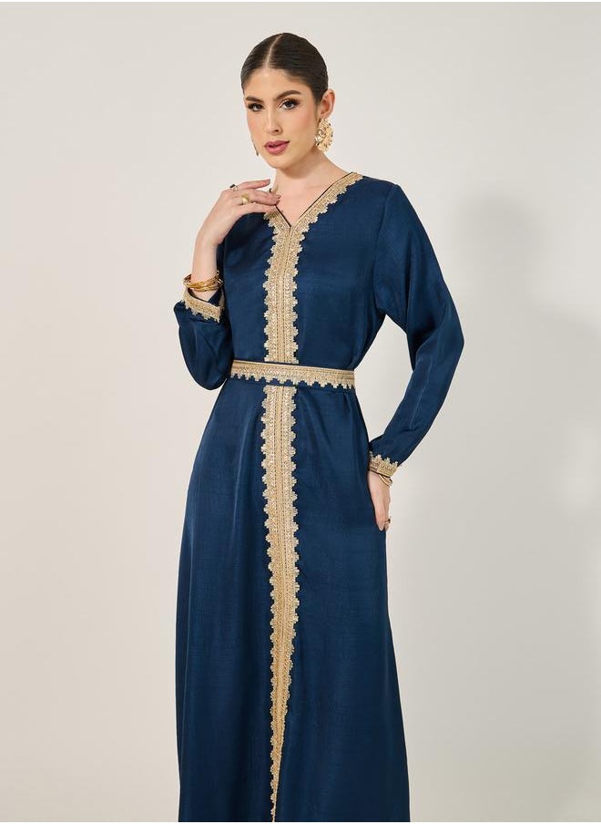 Styli Lace Detail V-Neck A-Line Belted Kaftan  - Image 3