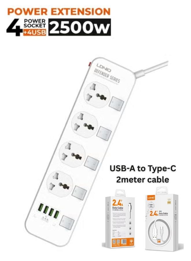 LDNIO واقي مقبس طاقة متعدد الوظائف SC4408 Defender Series 2500W 4 مقابس مع مفتاح مستقل 3.4A 4 منافذ USB، أبيض متوسط  - Image 1