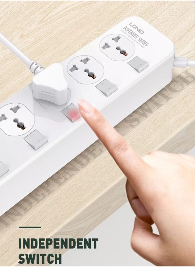 LDNIO واقي مقبس طاقة متعدد الوظائف SC4408 Defender Series 2500W 4 مقابس مع مفتاح مستقل 3.4A 4 منافذ USB، أبيض متوسط  - Image 4