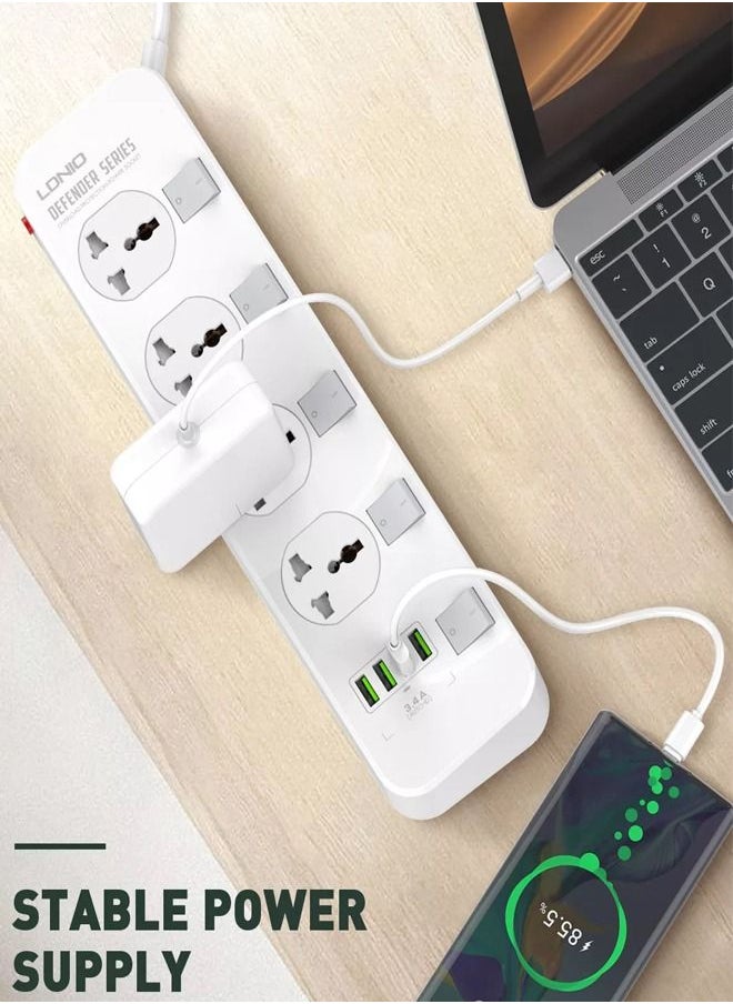 LDNIO واقي مقبس طاقة متعدد الوظائف SC4408 Defender Series 2500W 4 مقابس مع مفتاح مستقل 3.4A 4 منافذ USB، أبيض متوسط  - Image 3