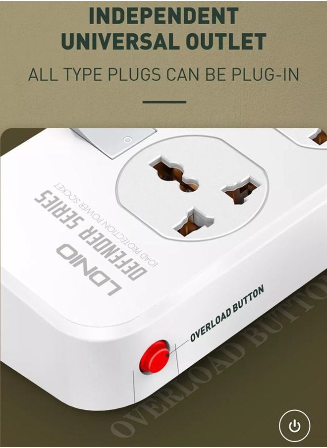 LDNIO واقي مقبس طاقة متعدد الوظائف SC4408 Defender Series 2500W 4 مقابس مع مفتاح مستقل 3.4A 4 منافذ USB، أبيض متوسط  - Image 5
