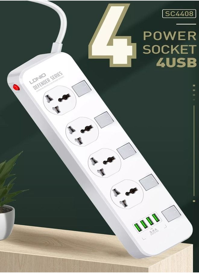 LDNIO واقي مقبس طاقة متعدد الوظائف SC4408 Defender Series 2500W 4 مقابس مع مفتاح مستقل 3.4A 4 منافذ USB، أبيض متوسط  - Image 2