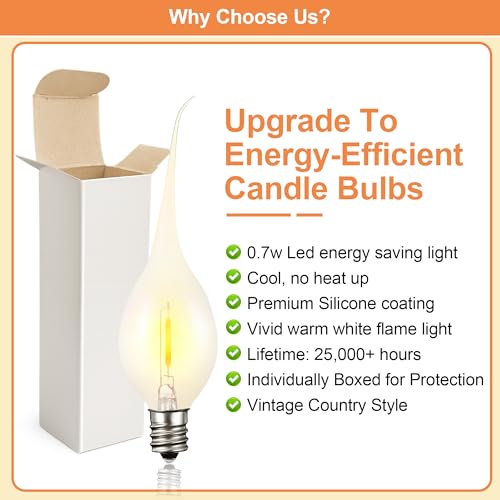 Meonum 12 Pcs Silicone Dipped Candle Light Bulbs, LED Silicone Candle Bulbs, 0.7 Watts Chandelier Light, C7 Lamps, E12 120V White Soft Coating Lighting for Window Candelabra, Chandelier (Gold Glow) - Image 4