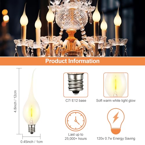 Meonum 12 Pcs Silicone Dipped Candle Light Bulbs, LED Silicone Candle Bulbs, 0.7 Watts Chandelier Light, C7 Lamps, E12 120V White Soft Coating Lighting for Window Candelabra, Chandelier (Gold Glow) - Image 2
