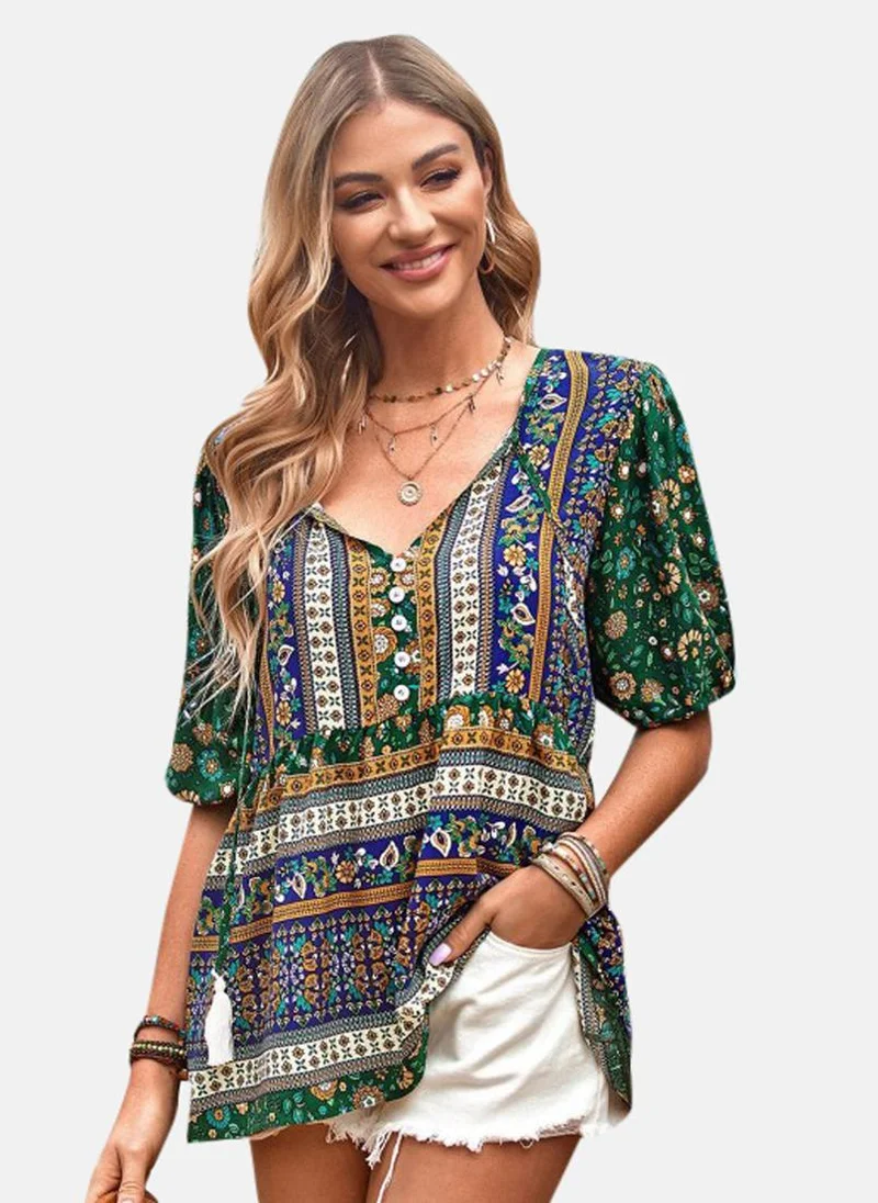 يونيكي Green V-Neck Printed Top