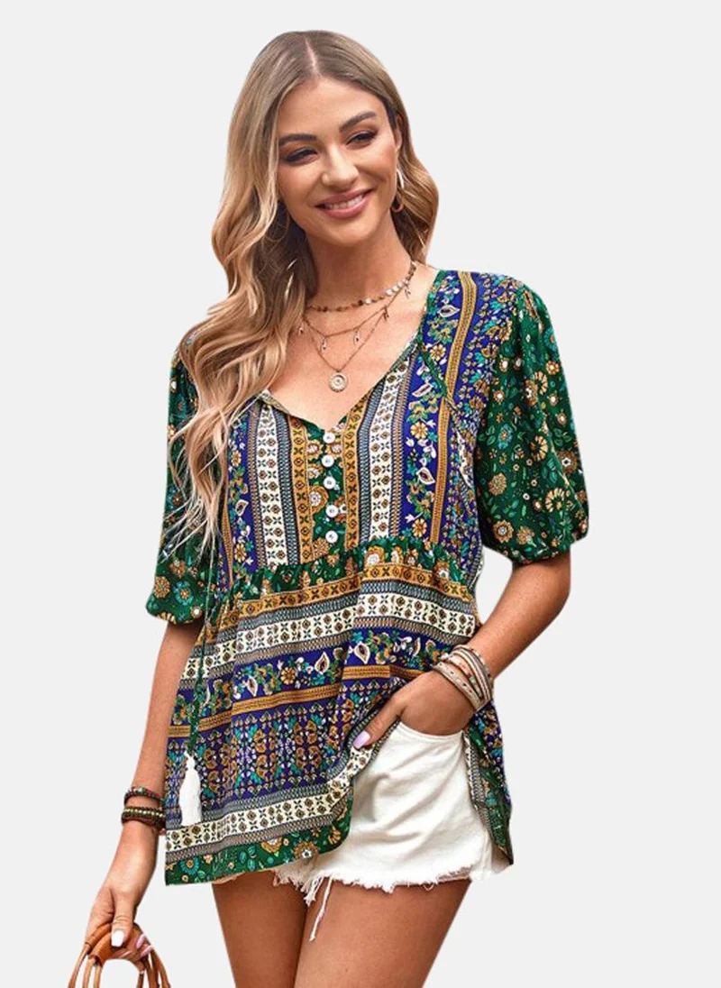 يونيكي Green V-Neck Printed Top