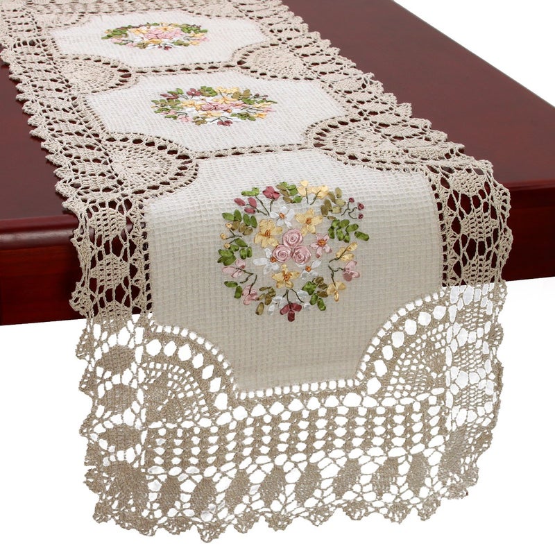 Grelucgo Small Handmade Beige Crochet Cotton Lace Table Runner Dresser Scarf Ribbon Embroidery Rectangle 16 x 45 Inches