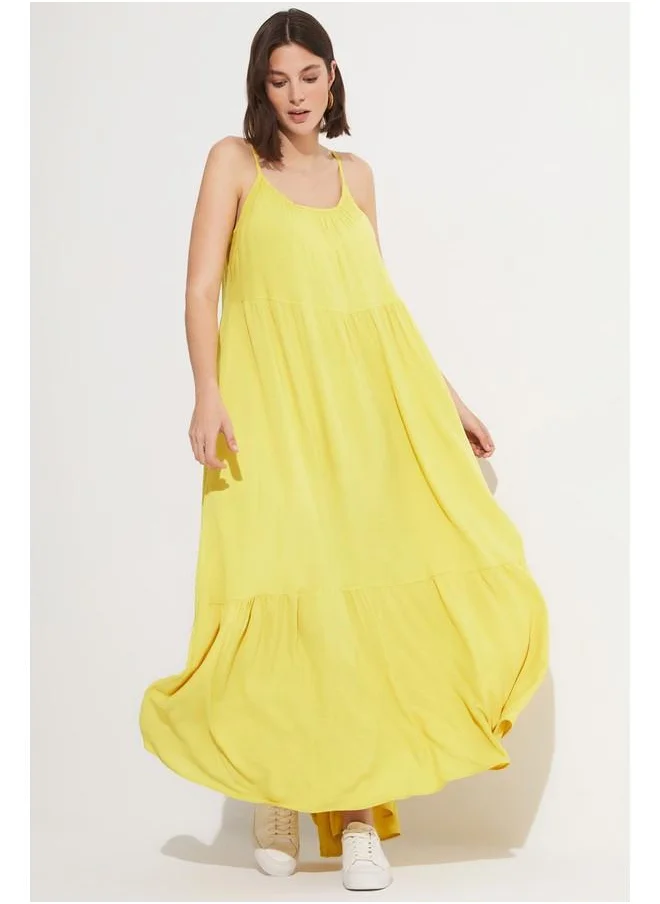 جون June Women 100% Viscose Gathered Detailed Strappy Maxi Dress Yellow