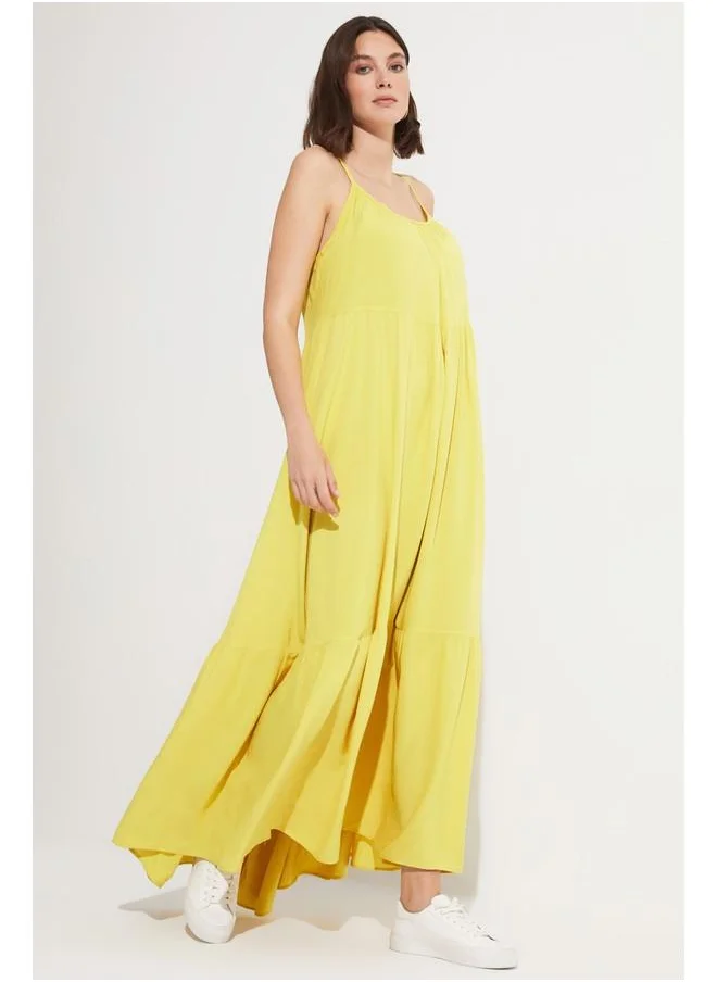 جون June Women 100% Viscose Gathered Detailed Strappy Maxi Dress Yellow