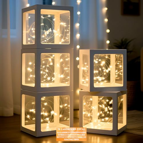 Ledido Transparent Balloon Boxes Clear Balloon Boxes with 5 Pcs String Lights and 78 Letters for Baby Shower Gender Reveal 2026 New Year Grad Party Birthday Anniversary Bridal Decor 5 White Boxes - Image 1