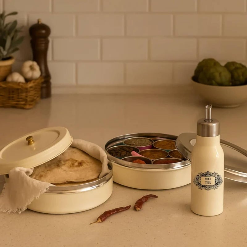 Elan Special Discounted Combo Of Spice Box With 7 Compartments, Oil Dispenser, And Roti Box (Off White, Stainless Steel, Pack Of 3), Beige - Image 1
