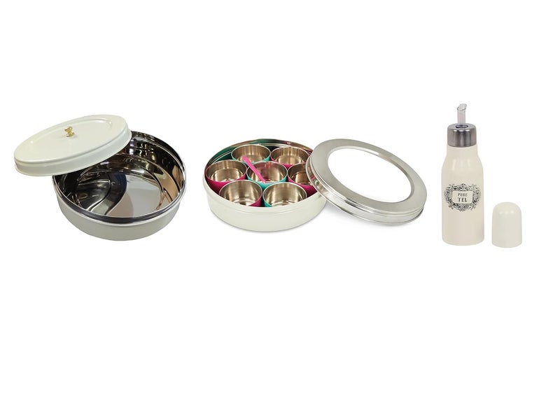 Elan Special Discounted Combo Of Spice Box With 7 Compartments, Oil Dispenser, And Roti Box (Off White, Stainless Steel, Pack Of 3), Beige - Image 2