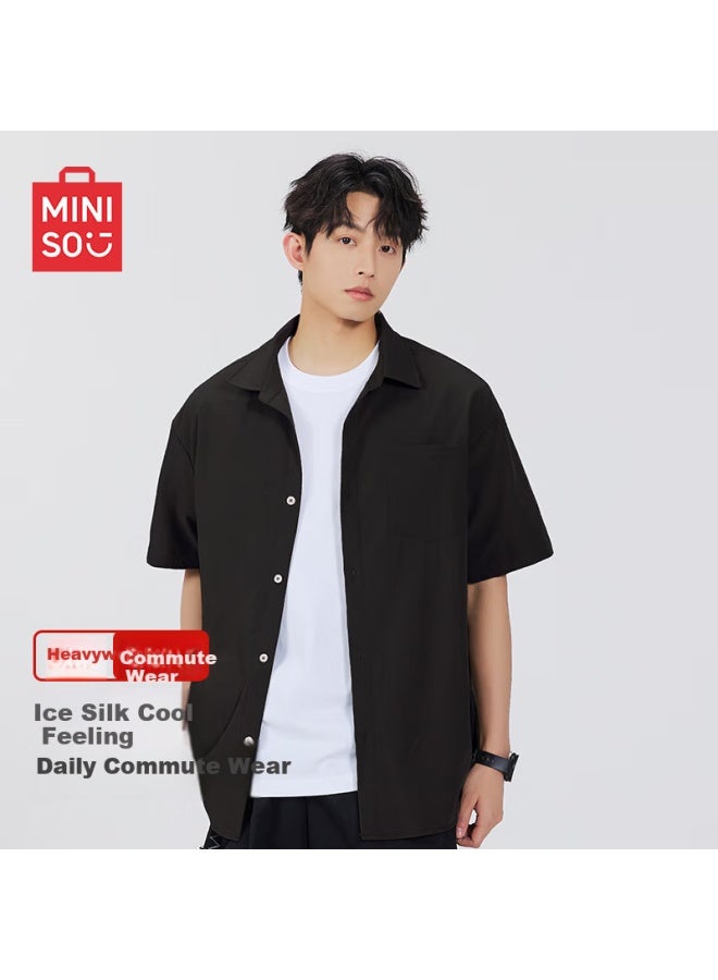 Mingchuang Youpin Miniso Ice Silk Cool Feeling Men's Short Sleeve Thin Breathable Casual Youth High-end Summer Shirt Z Black 2XL - Image 1