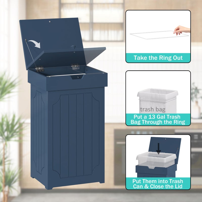 Function Home Trash Can Cabinet, 13 Gallon Kitchen Garbage Can, Wooden Recycling Trash Bin, Freestanding Dog Proof Trash Can, Farmhouse Trash Cabinet with Lid for Home Kitchen Bedroom, Blue - Image 5