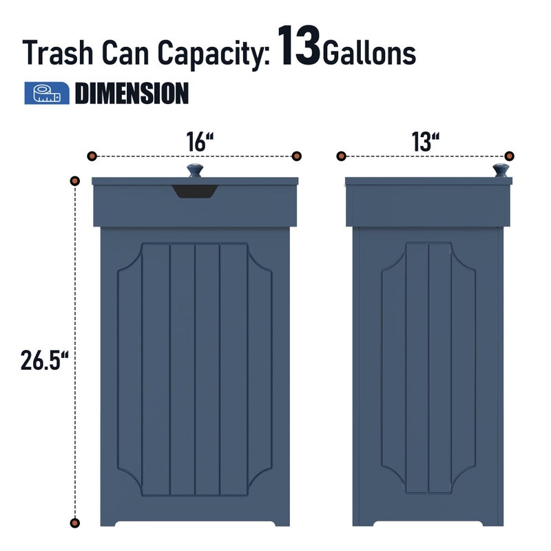 Function Home Trash Can Cabinet, 13 Gallon Kitchen Garbage Can, Wooden Recycling Trash Bin, Freestanding Dog Proof Trash Can, Farmhouse Trash Cabinet with Lid for Home Kitchen Bedroom, Blue - Image 3