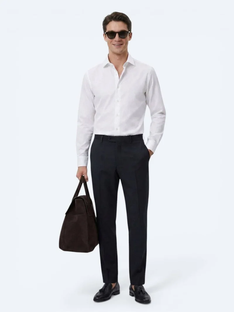 Kip White Regular Fit Long Weaving Classical 100% Cotton Shirt