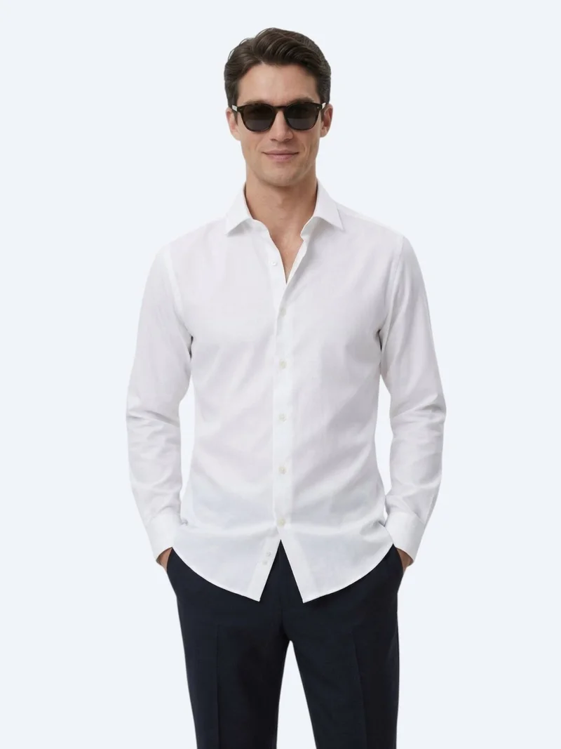 Kip White Regular Fit Long Weaving Classical 100% Cotton Shirt