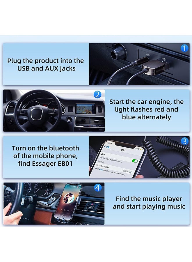 ESSAGER Aux Bluetooth Adapter for Car, Noise Cancelling Bluetooth 5.0 Receiver, Lossless Music USB to 3.5mm Jack Audio Adapter with Built-in Microphone for Car Kits/Home Stereo/Handsfree Call Speaker - Image 4