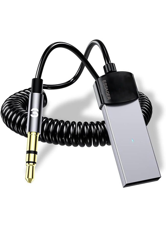 ESSAGER Aux Bluetooth Adapter for Car, Noise Cancelling Bluetooth 5.0 Receiver, Lossless Music USB to 3.5mm Jack Audio Adapter with Built-in Microphone for Car Kits/Home Stereo/Handsfree Call Speaker - Image 1
