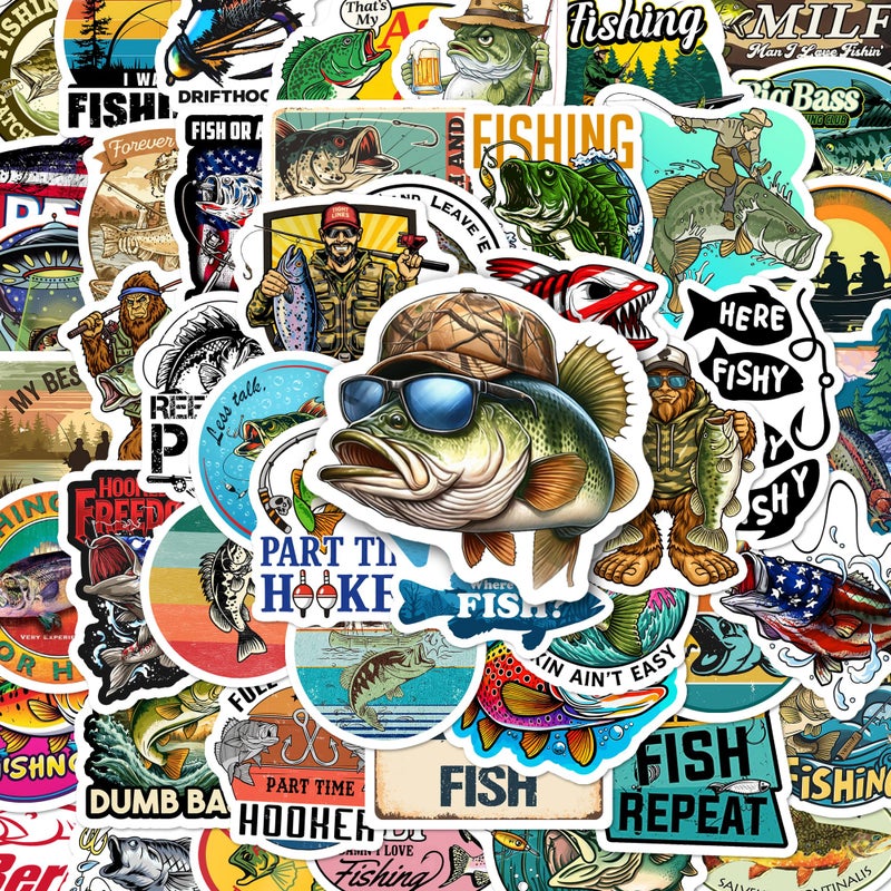 BEATRI Fishing Stickers 50Pcs Fishing Decals Cute Vinyl Waterproof Stickers for Hydro Flask Tackle Box Water Bottle Laptop for Mens Adults Fishing Stickers - Image 2
