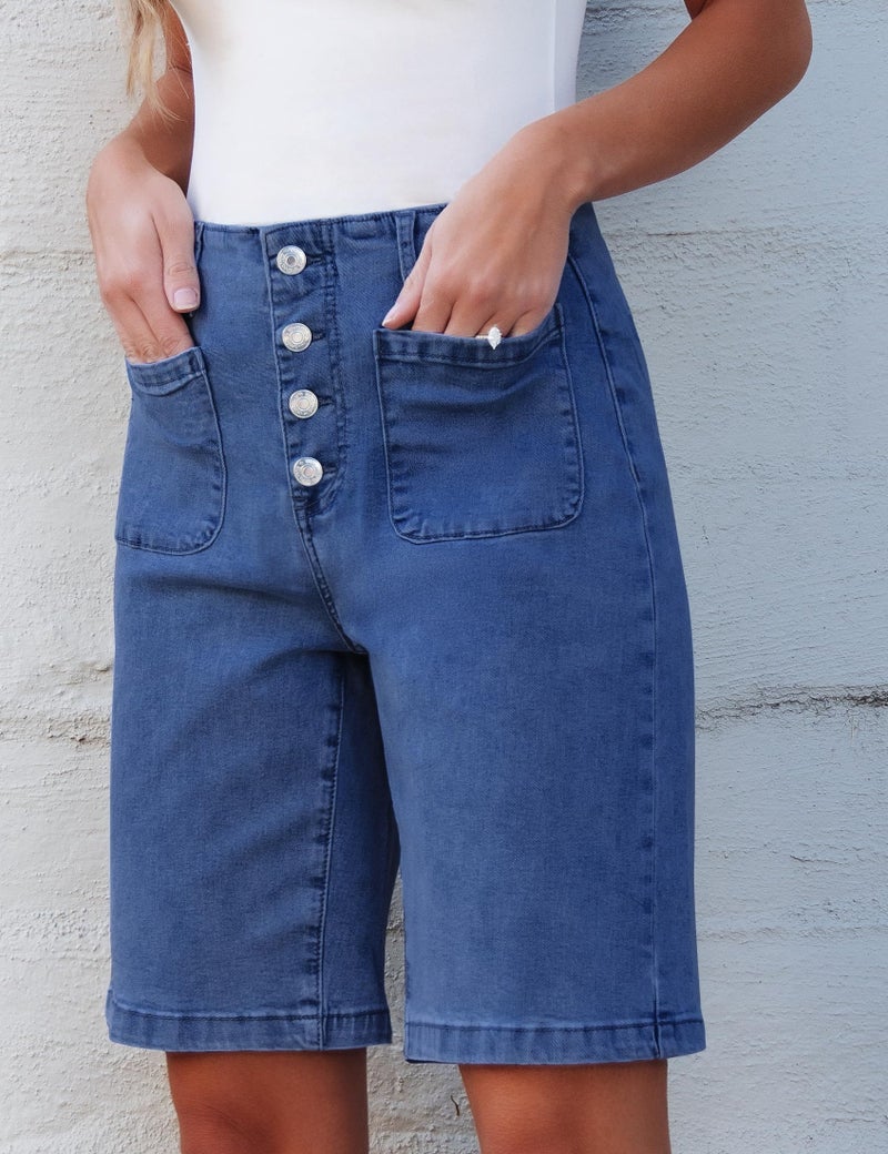 Luvamia Women's Classic Blue High Waisted Bermuda Denim Shorts - Size Medium, 10 Inch Inseam, Button Fly, Regular Fit, Adult Women's Shorts - Image 3