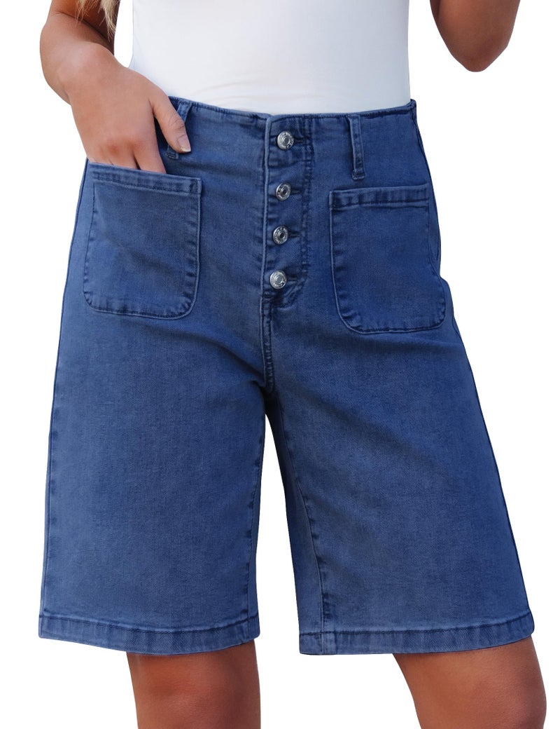 Luvamia Women's Classic Blue High Waisted Bermuda Denim Shorts - Size Medium, 10 Inch Inseam, Button Fly, Regular Fit, Adult Women's Shorts - Image 1
