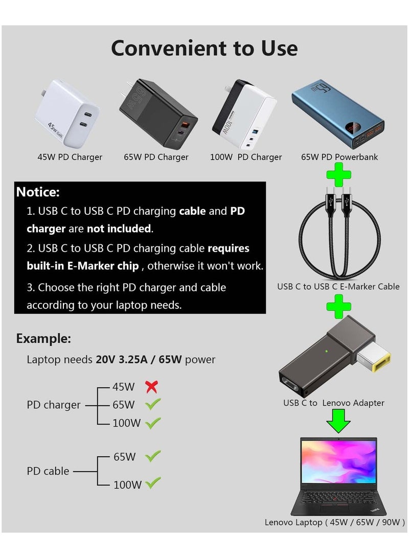 سانموجيد محول شحن USB C ل Lenovo، محول شاحن USB-C أنثى إلى محول طرف أصفر مربع نحيف 100 واط PD شاحن لينوفو ثنكباد x1 الكربون t470 t460 t450 t440 - Image 4