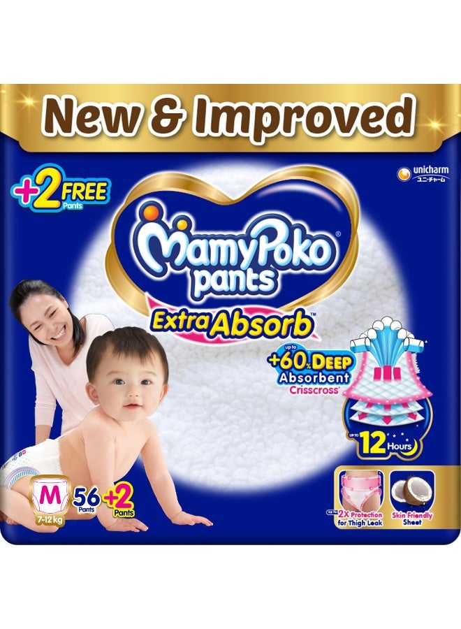MamyPoko Pants Extra Absorb Baby Diapers, Medium (M), 56 Count(+2) Free Diaper, 7-12 Kg