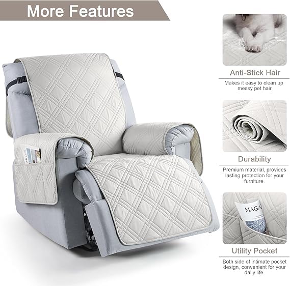 BLESSING PET SUPPLY TAOCOCO Recliner Chair Cover Oversized Recliner Covers for Large Recliner Chair with Double Straps Non Slip Reclining Chair Cover for Kids Pets Off White 236 - Image 3