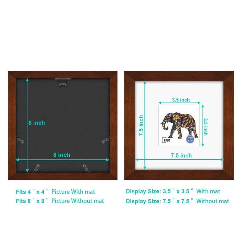 RPJC 8x8 Soild Wood Picture Frame with High Definition Glass Display Pictures 4x4 with Mat or 8x8 Without Mat for Wall Mounting Hanging Photo Frame Brown - Image 4