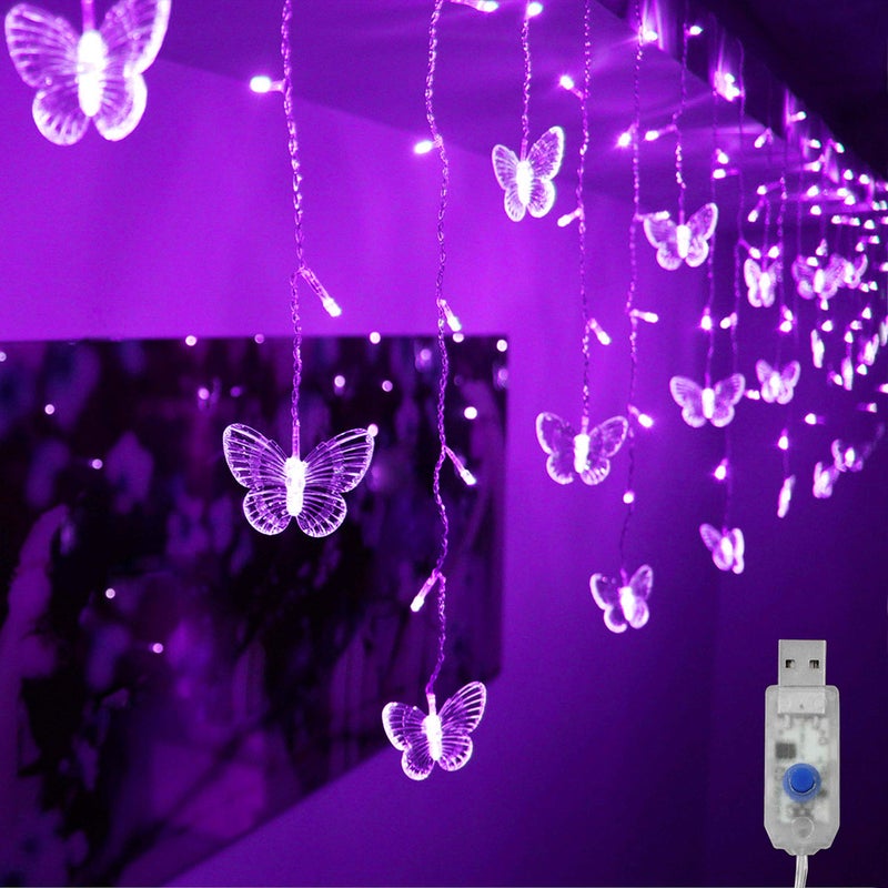 Decorman Butterfly Curtain Lights 49ft 48 LED USB Window Fairy Lights 10 Butterflies 8 Modes Firefly Twinkle String Lights for Room Bedroom Wall Ceiling Party Wedding Christmas Purple