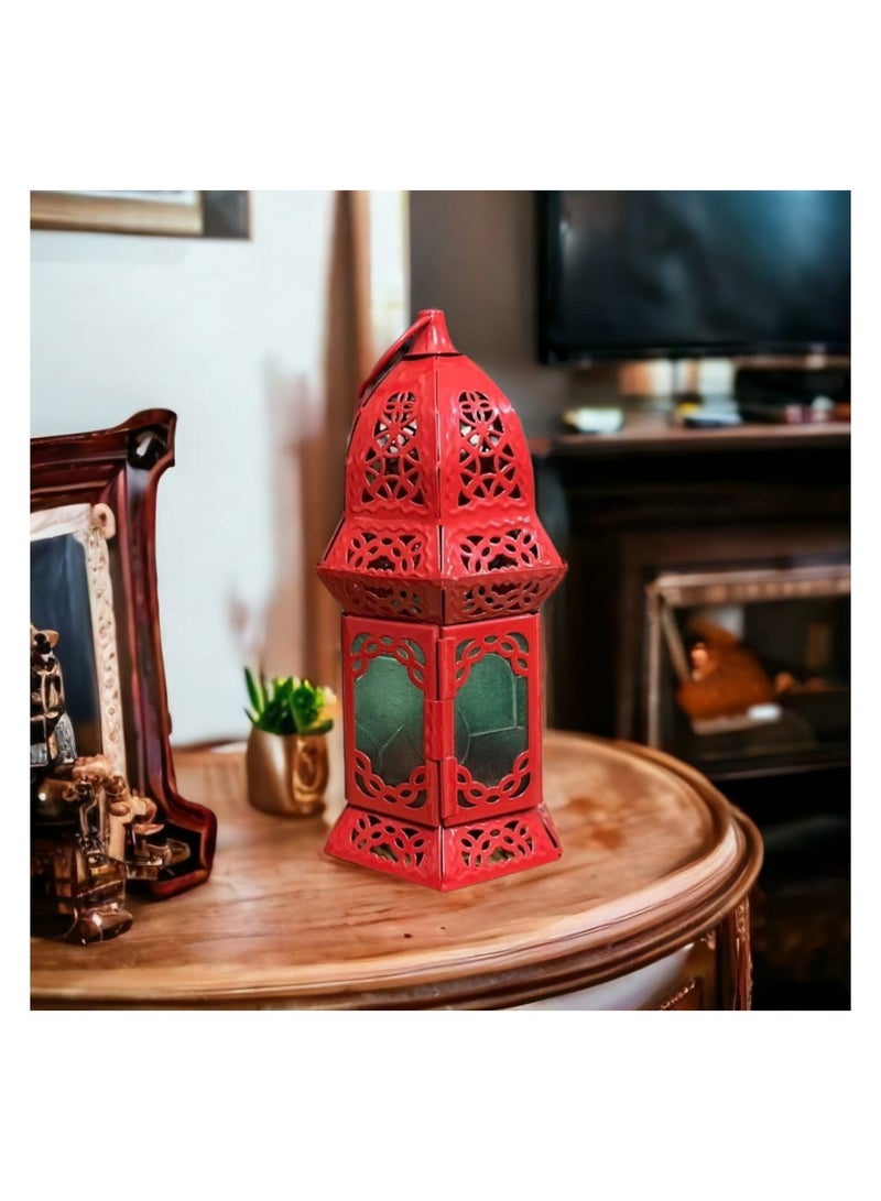 فانوس رمضان أحمر بزخارف وردية وإطار معدني أنيق – شبابيك زجاجية شفافة - Image 2