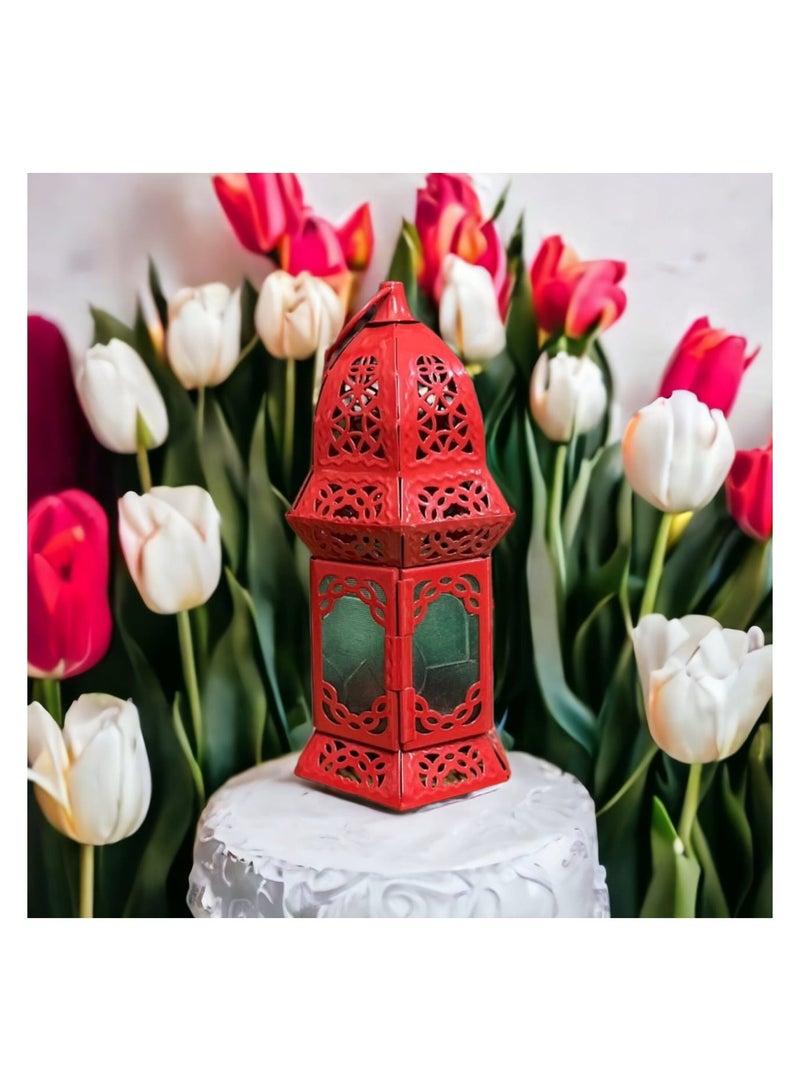 فانوس رمضان أحمر بزخارف وردية وإطار معدني أنيق – شبابيك زجاجية شفافة - Image 3