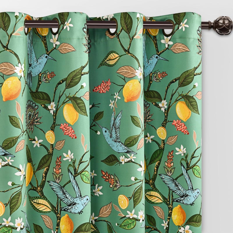 FRAMICS 100% Blackout Curtains for Bedroom Floral Curtains for Living Room 84 Inches Long, Luxury Patterned Green Curtain Lemon Hummingbird Grommet Thermal Insulated Drapes, 2 Panels - Image 1