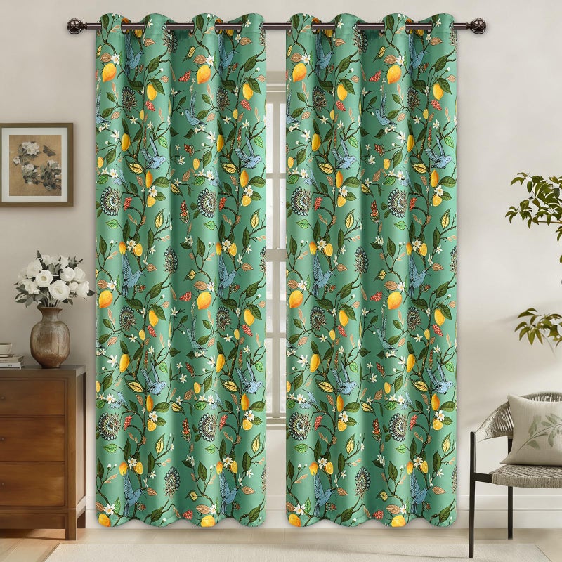 FRAMICS 100% Blackout Curtains for Bedroom Floral Curtains for Living Room 84 Inches Long, Luxury Patterned Green Curtain Lemon Hummingbird Grommet Thermal Insulated Drapes, 2 Panels - Image 2