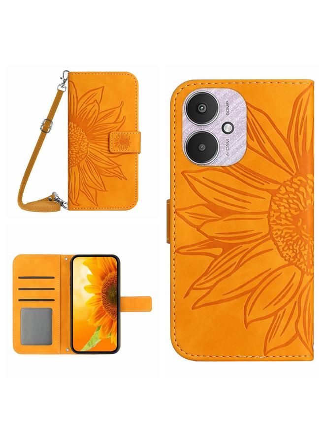 جرين تايجر حافظة هاتف جلدية قابلة للطي منقوشة بزهرة الشمس لهاتف Xiaomi Redmi 13C 5G مع حبل (أصفر)