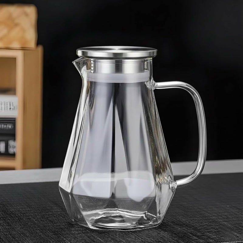 VILON 1.6 Liter Premium Glass Water Jug with Stainless Steel Lid - 1600ml Borosilicate Glass Carafe for Fridge - Large Beverage Pitcher for Juice, Iced Tea & Milk - Elegant Modern Serving Jug - Image 3