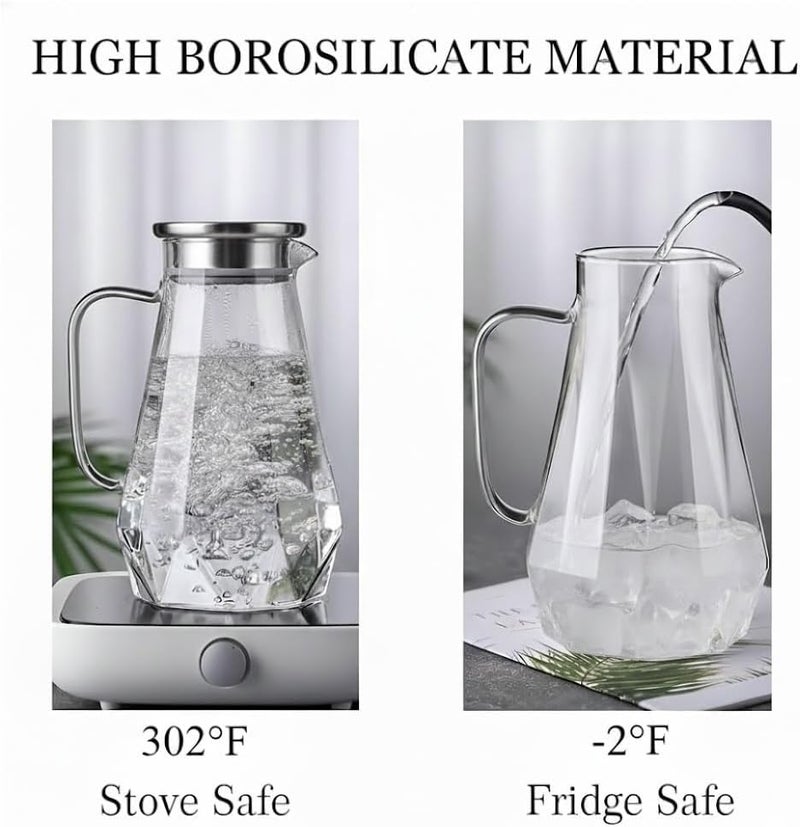 VILON 1.6 Liter Premium Glass Water Jug with Stainless Steel Lid - 1600ml Borosilicate Glass Carafe for Fridge - Large Beverage Pitcher for Juice, Iced Tea & Milk - Elegant Modern Serving Jug - Image 5