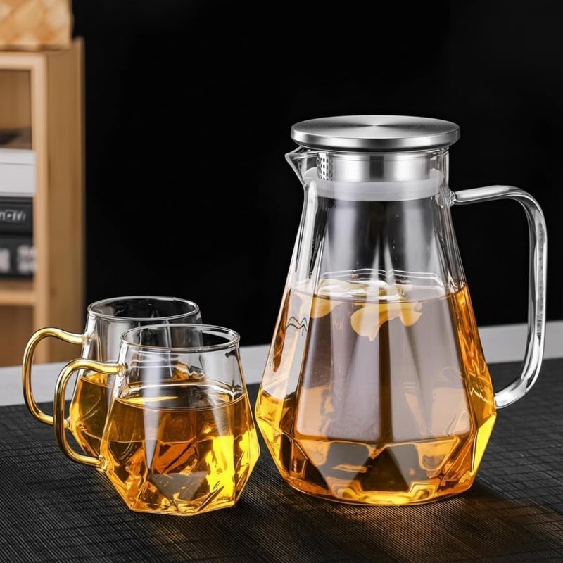 VILON 1.6 Liter Premium Glass Water Jug with Stainless Steel Lid - 1600ml Borosilicate Glass Carafe for Fridge - Large Beverage Pitcher for Juice, Iced Tea & Milk - Elegant Modern Serving Jug - Image 2