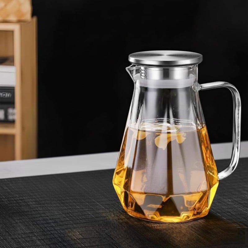 VILON 1.6 Liter Premium Glass Water Jug with Stainless Steel Lid - 1600ml Borosilicate Glass Carafe for Fridge - Large Beverage Pitcher for Juice, Iced Tea & Milk - Elegant Modern Serving Jug - Image 1