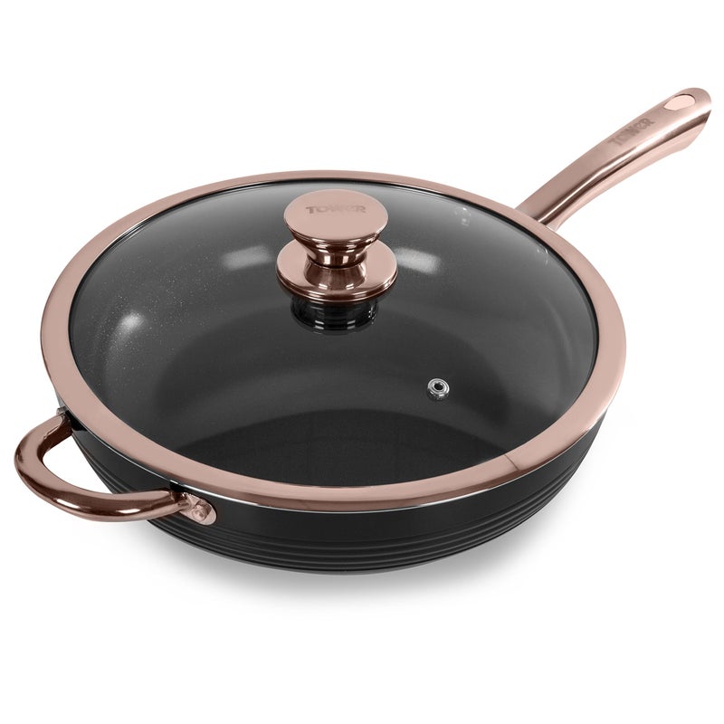 Tower T800003RB Linear Non Stick Induction Saute Pan With Lid Bonded Stainless Steel Base Black And Rose Gold 28 cm
