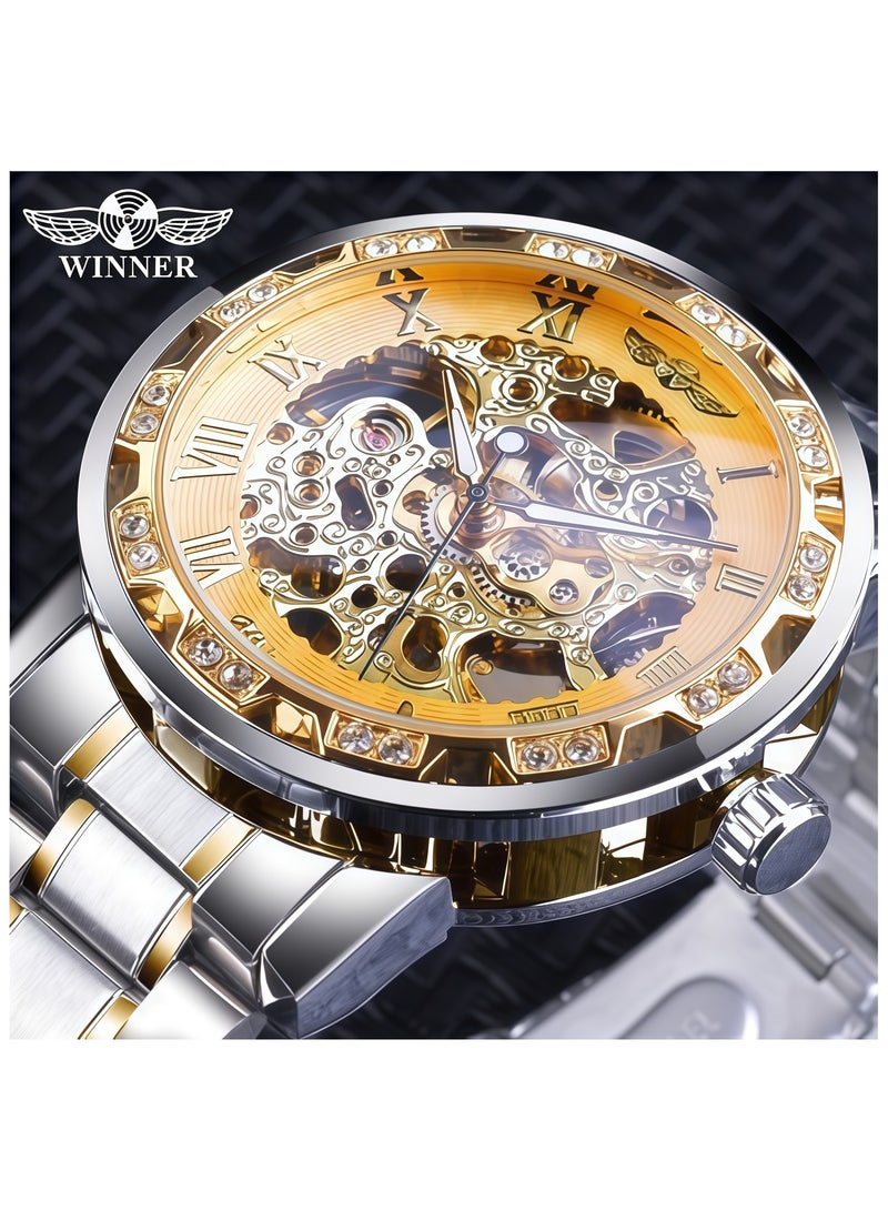 وينر ساعة رجالية أنيقة وعملية بهيكل عظمي يدوي مرصع بأحجار الراين - Image 1