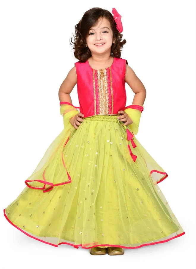 Saka Designs Fluorescent Green & Magenta Lehenga for Girls