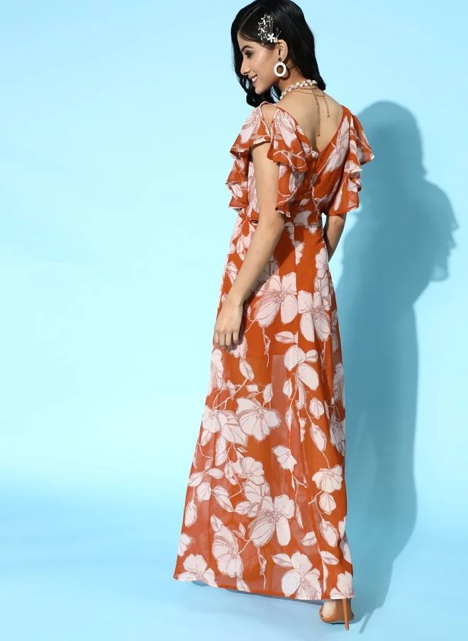 SASSAFRAS Chic Brown Floral Ruffled Dress for Women