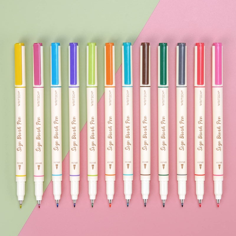 WRITECH Brush Tip Marker Pens Artist Markers Flexible Tip Water Based 12ct Assorted Colors for Journaling Adult Coloring Hand Lettering Calligraphy Drawing Vibrant Colored