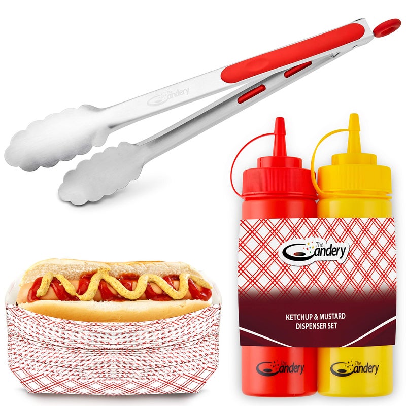 The Candery AllinOne Hot Dog Accessories Set Ketchup  Mustard Squeeze Bottles  BBQ Tongs  50 RedWhite Hot Dog Trays for Carnivals BBQs Picnics Concession Stands TongsTrays Squeeze Bottles