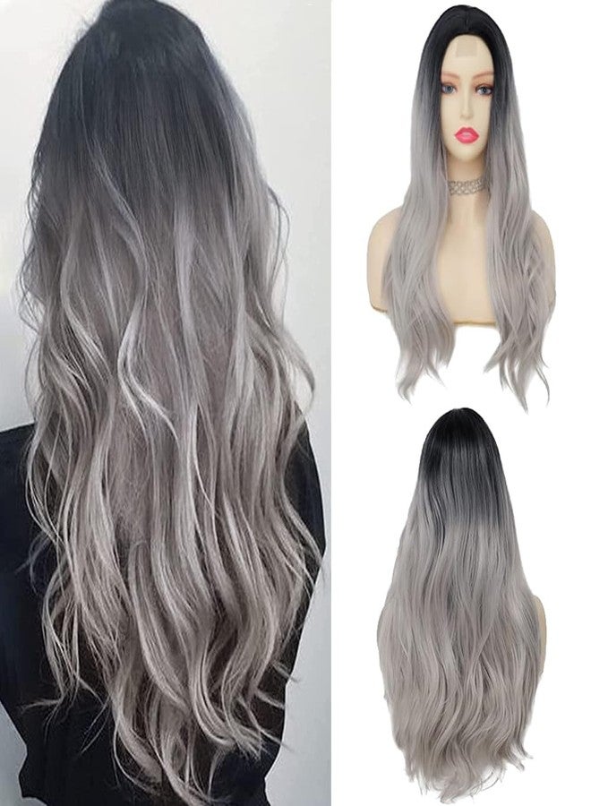 Tseses Long Grey Curly Wavy Wigs for Women Ombre Black Grey Wig Synthetic Natural Middle Part Cosplay Halloween Costume Hair Wig - Image 1