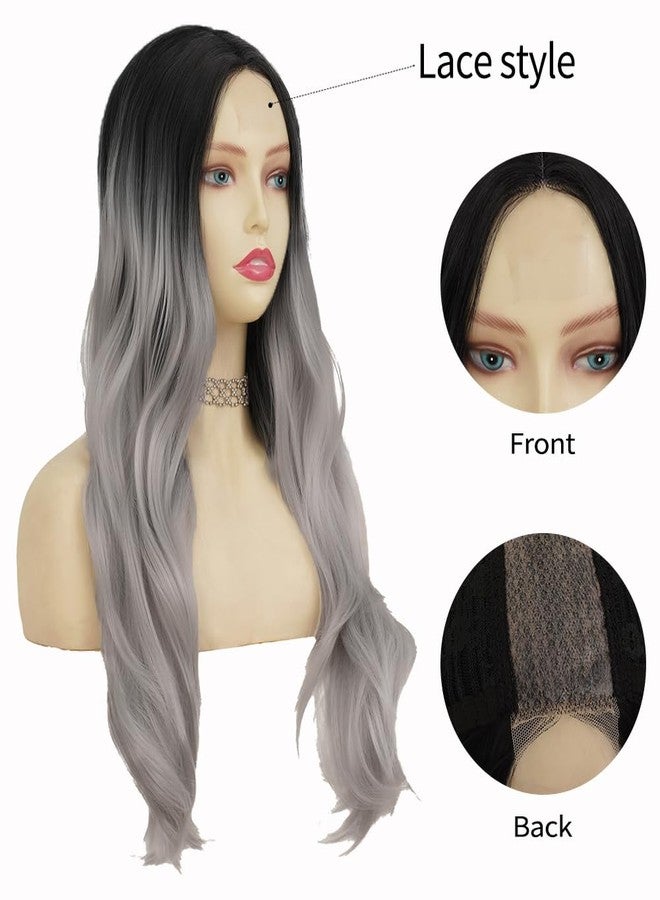 Tseses Long Grey Curly Wavy Wigs for Women Ombre Black Grey Wig Synthetic Natural Middle Part Cosplay Halloween Costume Hair Wig - Image 2