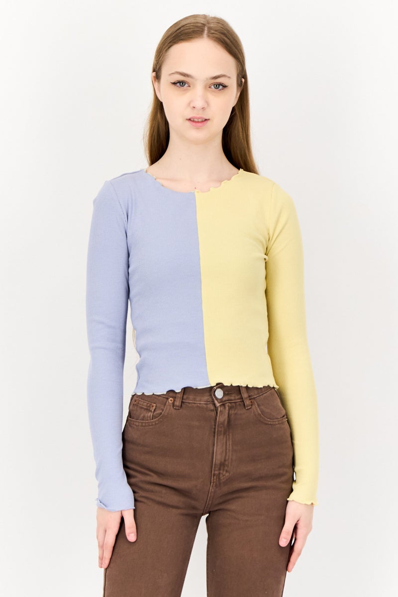 ONLY Women Ruffle Neck Long Sleeve Two Tone Top, Multicolor  - Image 1
