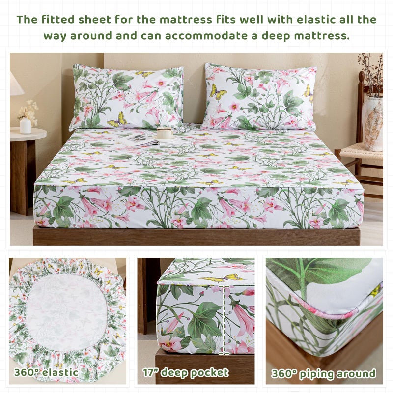 QSH 100% Egyptian Cotton Sheets Set King Size Butterfly Floral Bedding Sheets Spring Leaves Print Bed Sheets Deep Pockets Sheet 4PCs - Image 5